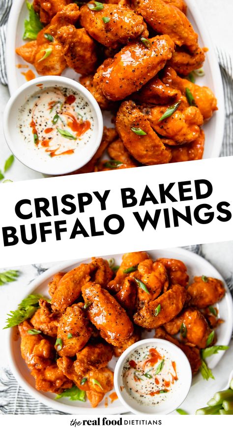 These are the best Crispy Baked Buffalo Wings you’ll ever make – we promise! There’s no need for a deep fryer here thanks to a special ingredient that you already have in your pantry and our fail-proof method. Toss them with your favorite wing sauce or our 5-Ingredient Buffalo Sauce for an epic appetizer recipe. Buffalo Wings Recipe, Baked Buffalo Wings, Dietitian Recipes, Wings Recipe Buffalo, Entree Dishes, Easy Whole 30 Recipes, Homemade Buffalo Sauce, Crispy Chicken Wings, Primal Kitchen