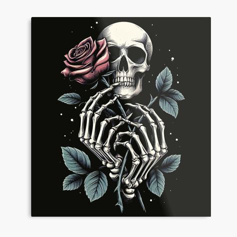 Get my art printed on awesome products. Support me at Redbubble #RBandME: https://www.redbubble.com/i/metal-print/Skeleton-Holding-Long-Stem-Rose-by-CreepyCornerArt/153938054.0JXQP?asc=u Skeleton Holding Rose, Cool Skeleton, Rose Illustration, Skull Artwork, Rose Design, Brilliant Colors, Skeleton, Science Poster, Stranger Things Fanart