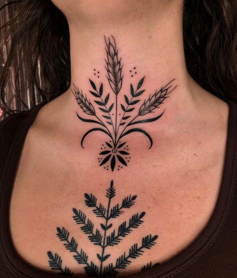 Fine Line Throat Tattoos Women, Throat Ornamental Tattoo, Front Neck Tattoos Women Simple, Line Tattoo Cover Up, Ornamental Throat Tattoo, Ornamental Flower Tattoo Design, Women Throat Tattoo, Front Chest Tattoo Female, Black Neck Tattoo