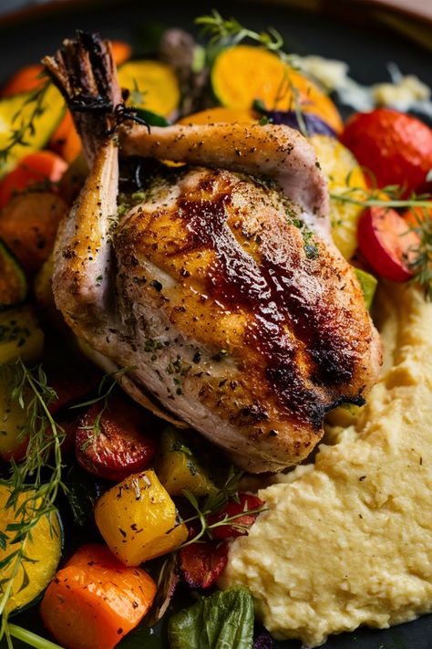 Roast chicken on a bed of mashed potatoes and colorful vegetables. Smoked Quail Recipes, Grilled Quail Recipes, Smoked Quail, Salmon Dip Recipes, Roasted Quail, Quail Recipes, Raising Quail, Unique Recipe, Stuffed Mushroom