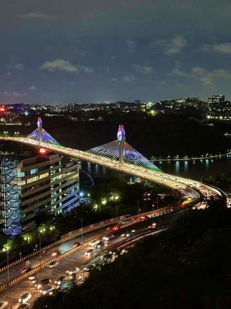 Hyderabad Night View, Hyderabad Night, Durgam Cheruvu, Cable Bridge, Blind Design, Architecture Video, Hindu Tattoo, Blinds Design, Selfie Photography