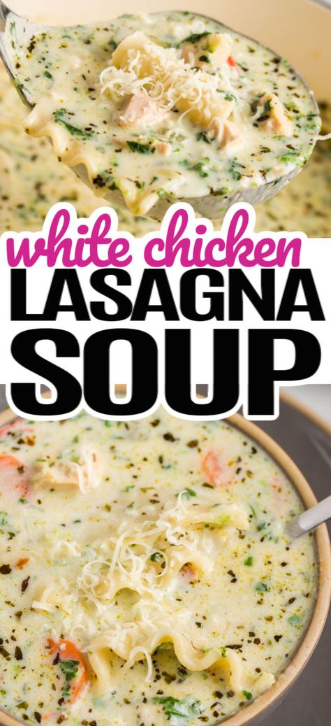 white chicken lasagna soup in a bowl, with lasagna noodles and carrots visible. White Chicken Soup Crockpot, Soup With Lasagna Noodles, Roasted Garlic White Chicken Lasagna Soup, Lasagna Noodle Soup Recipes, One Pot White Chicken Lasagna Soup, Meals With Lasagna Noodles, Creamy White Chicken Lasagna Soup, Chicken Noodle Soup With A Twist, Cheap Soups Budget