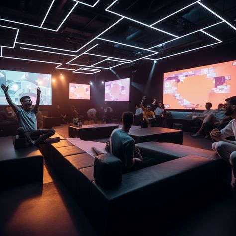 digital screens, immersive experience Gaming Zone Interior Design, Gaming Lounge Interior Design, Vr Room Interior Design, Gamer Lounge, Playstation Room, Gamer Room Design, Vr Room, Game Booth, Game Room Lighting