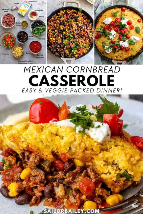 Savor the flavors of this Mexican Cornbread Casserole recipe made with seasoned ground beef, black beans, corn, and a kick of taco seasoning topped with cheesy, fluffy cornbread. This delicious casserole recipe is perfect for an easy dinner or healthy lunch! Ground Beef And Corn, Mexican Cornbread Recipe With Hamburger Meat, Cornbread Taco Casserole, Easy Cheesy Taco Cornbread Casserole, Mexican Cornbread Casserole Jiffy Ground Beef, Easy Cornbread Taco Bake, Mexican Casserole With Beef Cornbread, Taco Cornbread Casserole, Cornbread Dinner