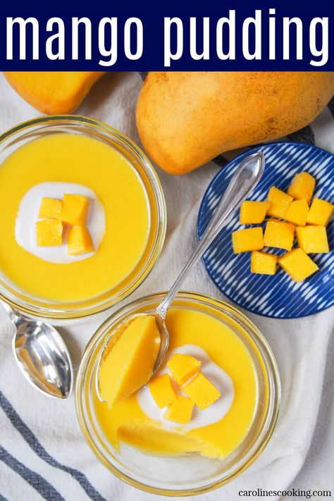 This Hong Kong style mango pudding is packed with mango flavor, with a jello-like but smooth, gently creamy texture. It's easy to make, made ahead, and easy to scale up or down. Such a delicious fruity treat. Mango Jello, Vegan Jello, Mango Pudding, Fruity Treats, Eton Mess, Ww Desserts, Mango Puree, Mango Flavor, Hong Kong Style