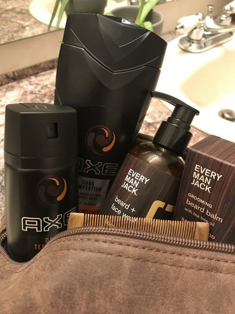 Gift for Hubby, Axe Dark Temptation body wash and spray, Every Man Jack face and beard wash and beard balm, Cremo sandalwood beard comb, arrange in leather travel bag Car Products, Beard Comb, Gifts For Hubby, Beard Wash, Beard Combs, Leather Travel Bag, Beard Balm, Beard Grooming, Every Man