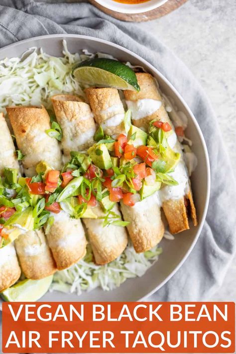 Vegan Taquitos Air Fryer, Black Bean Taquitos Air Fryer, Vegetarian Taquitos Air Fryer, Vegan Air Fryer Meals, Air Fryer Black Bean Tacos, Meatless Air Fryer Recipes, Air Fry Vegetarian Recipes, Gf Df Air Fryer Recipes, Bean Taquitos Air Fryer