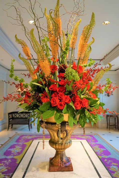 Fire Floral Arrangement, Hotel Arrangements, Red Flower Arrangements, Yellow Flower Arrangements, Thanksgiving Floral Arrangements, Japanese Flower Arrangement, Altar Arrangements, Pastor Anniversary, Viking Party