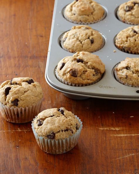 Banana Chocolate Chip Muffins | Martha Stewart - What's even better than banana bread? Banana bread with chocolate! Kids of all ages will clamor for these tasty breakfast bites.  #bananarecipe #muffinrecipe #bananamuffin Banana Bread Muffin Recipe, Chocolate Muffin Recipe, Banana Bread Muffins, Bread Muffins, Chocolate Chip Cake, Banana Chocolate Chip Muffins, Slider Buns, Banana Chocolate, Chocolate Chip Recipes