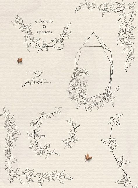 Line drawing Ivy plant illustrations by Olya.Creative on @creativemarket Ivy Line Tattoo, Ivy Tatoos, July Tattoo, Diphylleia Grayi, Ephemeral Tattoo, Ivy Tattoo, Ivy Flower, Line Art Svg, Vine Drawing