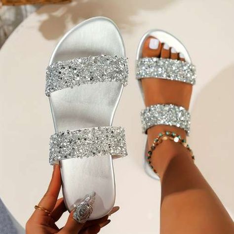 Temu | Explore the Latest Clothing, Beauty, Home, Jewelry & More Sequin Flats, Rhinestone Slides, Capsule Wardrobe Basics, Double Strap Sandals, Embellished Flats, Rhinestone Flats, Bridal Sandals, Linnet, July 15