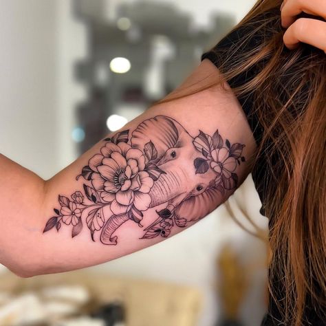 Arm Elephant Tattoo, Elephant Head Tattoo, Bicep Tattoo Women, Inside Of Arm Tattoo, Magic Runes, Ear Tattoo Ideas, Feminine Tattoo Sleeves, Elephant Tattoo Design, Mommy Tattoos