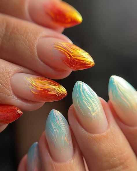 Sapphira | IL Nail Tech on Instagram: "Fire and ice 🔥🧊

Still obsessed with this set, not looking forward to the day I’ll have to remove it 🥲" Fire And Ice Nails Art Designs, Fire And Ice Nail Designs, Fire And Ice Nails, Ice Nails Designs, Fire Nails Designs, Mha Nails, Fire Nail Art, Textured Nail Art, Sunset Tutorial