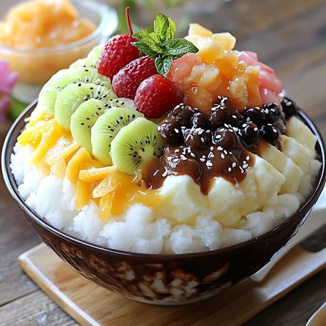 🍧 Cool down with Bingsu, a refreshing Korean shaved ice dessert topped with sweet goodies! 🍓🍧 #KoreanDessert #Bingsu #SweetTreats Bingsu (Shaved Ice Dessert) Ingredients: Ice (4 cups, finely shaved) Sweetened condensed milk (1/2 cup) Red bean paste (1/2 cup) Fresh fruits (1 cup, assorted) Mochi (1/2 cup, optional) Ice cream (1 scoop, optional) Instructions: Finely shave ice and place in a bowl. Drizzle sweetened condensed milk over the ice. Top with red bean paste, fresh fruits, and mochi... Bingsu Korean, Korean Bingsu, Korean Shaved Ice, Shaved Ice Dessert, Ice Dessert, Korean Dessert, Instagram Recipes, Shave Ice, Twisted Recipes