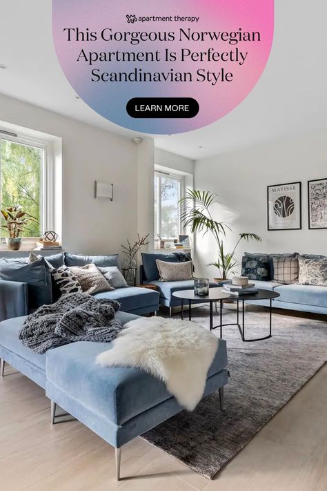 Scandinavian Interior Living Room, Light Blue Sofa, Luxurious Dining Table, Blue Sofas, Scandi Rug, Natural Living Room, Blue Furniture, Living Room Scandinavian, Scandinavian Interior Design