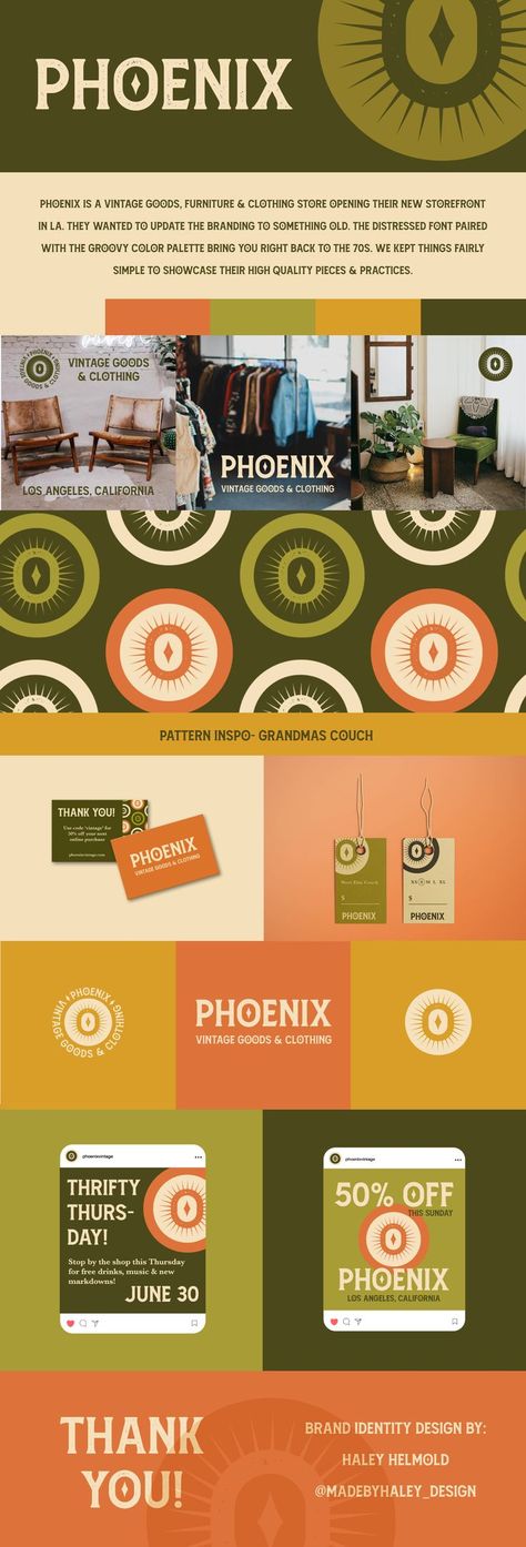 Brand Identity Design for Phoenix- Vintage Goods & Clothing Behance 70s Logo Design Vintage, Vintage Branding Aesthetic, Retro Visual Identity, Thrift Store Branding, Thrift Branding, Food Festival Branding, Retro Brand Identity, Groovy Color Palette, 70s Branding