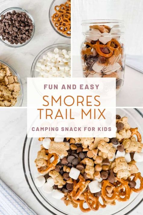 S'mores Trail Mix (Fun Camping Snack For Kids) - Fox Farm Home Hunting Trip Snacks, Smores Trail Mix Recipe, S’mores Snack Mix Recipe, Smores Snack Mix Recipe, Easy Camping Lunches, Edible Campfire, Snack Lunches, Snack Mix For Kids, Smores Snacks