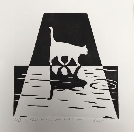 Hand-crafted linocut "Chat blanc Chat noir","White Cat, Black Cat" It is part of a limited series of 20 copies. Numbered work, initialed in pencil by the artist (Vitali). Printed in black ink on 300gsm white paper. Limited series numbered 20 prints (black and white) Format: 27x 27 cm (white margins included) Paper: Canson 300g Printing: Manual FREE AND FAST shipping, in a rigid envelope, padded in tracked mail, by post. Cat Lino Print, Cat Linocut, Linocut Artists, Notan Art, Linoleum Print, Linocut Printmaking, Lino Art, White Artwork, Linocut Art