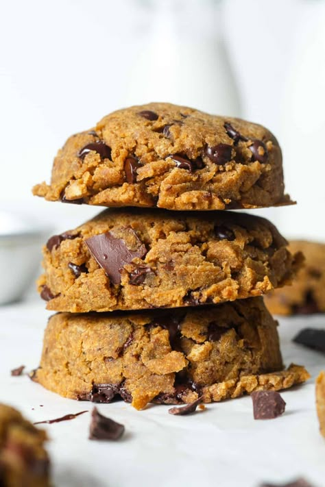 Healthy Pumpkin Cookies, Healthier Cookies, Pumpkin Cookies Healthy, Organically Addison, Pumpkin Cookie Recipe, Pumpkin Chocolate Chip Cookies, Pumpkin Chocolate Chips, Vegan Chocolate Chip, Healthy Pumpkin