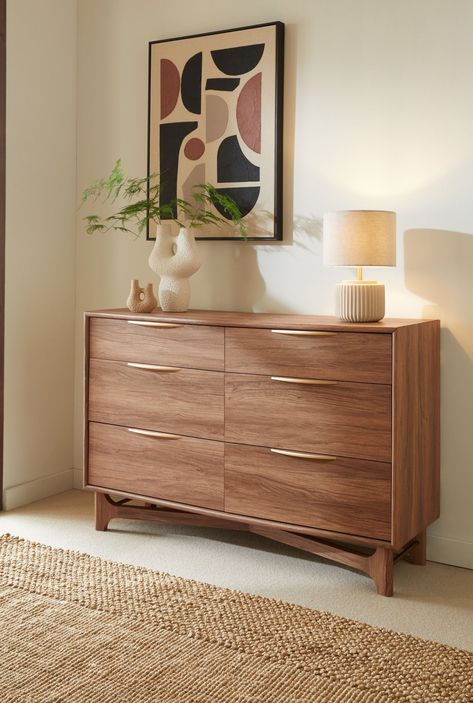 The Jackson range is designed in walnut effect with retro influences and soft curves. The 3 drawer chest of drawers has a handing shelf to display any item of choice. Walnut Chest Of Drawers, Chest Of Drawers Living Room, Drawers Decor, Chest Of Drawers Decor, Brown Chest Of Drawers, Drawers Living Room, Living Room Chest, Drawers Design, Chest Of Drawers Bedroom