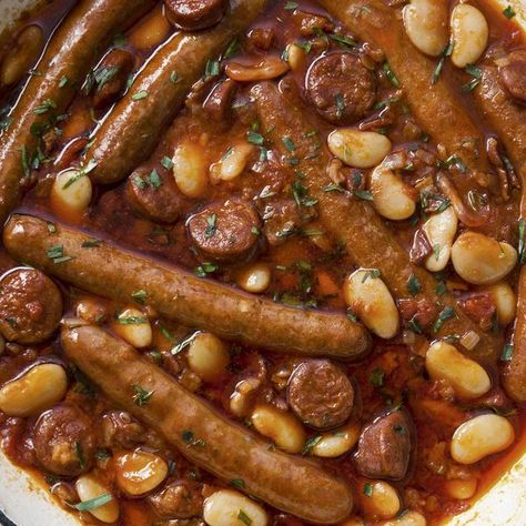 Sausage, Chorizo and Butter Bean Casserole | Winter recipes Tomato Butter, Sausage Casserole, Spicy Sausage, Butter Beans, Bean Casserole, Sausages, Winter Food, Perfect Food, Family Meals