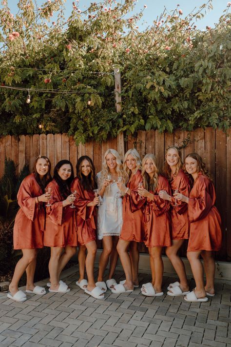 Rust Orange Bridesmaid Robes, Burnt Orange Bridesmaid Robes, Rusty Orange Bridesmaid Dresses Fall Wedding, Boho Bridesmaid Robes, Wedding Bridesmaid Dresses Orange, Terracotta Getting Ready Outfits, Bridesmaids Burnt Orange, Burnt Orange Bridesmaid Proposal, Burnt Orange Wedding Bridesmaid Dress