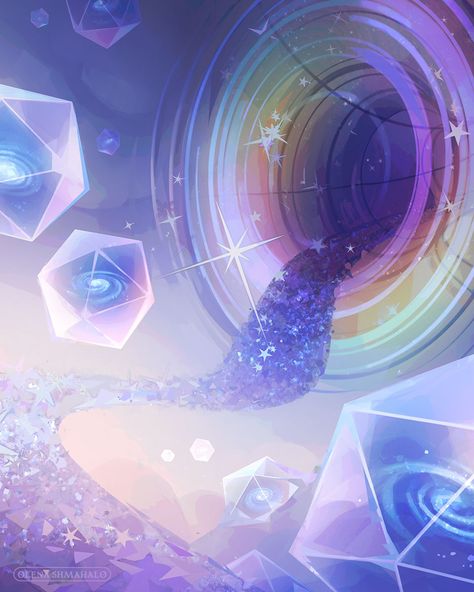 Illustration of a starry path leading toward an iridescent, wormhole-like portal, surrounded by icosahedron crystals with galaxies inside. Wormhole Art, Portal Illustration, Galaxy Portal, Clip Studio Paint, Portal, Pretty Art, Art Direction, Sci Fi, Crystals