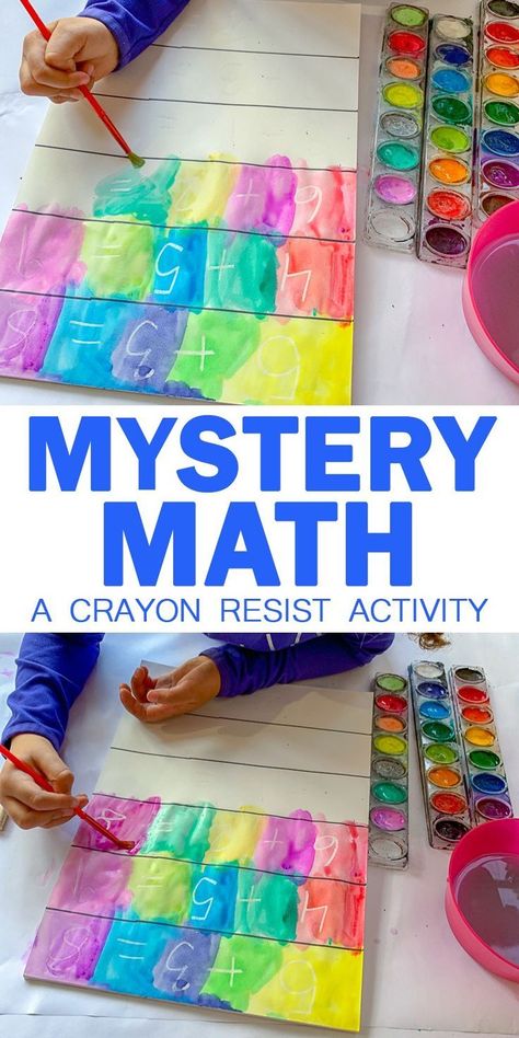 Mystery Math: A Crayon Resist Activity – HAPPY TODDLER PLAYTIME Here is a fun math activity that is part art and part detective work! It’s an easy and unique way to get your kindergartner to practice their math skills! #kindergarten #mathforchildren Activity Kindergarten, Easy Math Activities, Math Activities For Kids, Summer Math, Math Crafts, Fun Math Activities, Kindergarten Math Activities, Fun Math Games, Math Activity