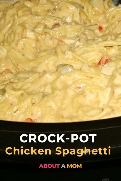 Make dinnertime a breeze with our Cheesy Chicken Spaghetti! Crockpot convenience meets classic comfort in this family-favorite recipe. Crockpot Chicken Spaghetti With Velveeta And Cream Cheese, Crockpot Chicken Spaghetti With Velveeta And Rotel, Chicken Spaghetti Crockpot Velveeta, Chicken Spaghetti Rotel Velveeta, Cheesy Chicken Spaghetti Crockpot, Chicken Speggetti Recipes Velveeta, Rotel Crockpot Chicken, Chicken Spaghetti Recipe With Velveeta, Crockpot Chicken Spaghetti With Velveeta