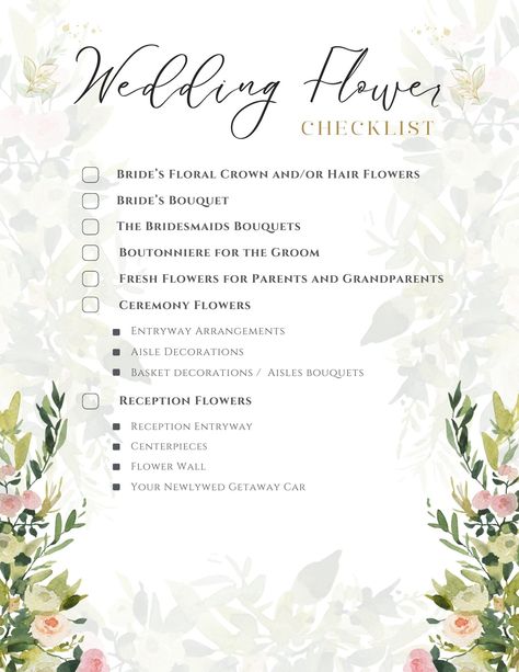 List Of Wedding Florals, Wedding Floral Budget, Wedding Flower List, Wedding Flower Checklist, Wedding Planning Checklist Detailed, Plan Checklist, Wedding Flower Guide, Gate Designs, Wedding Party Flowers