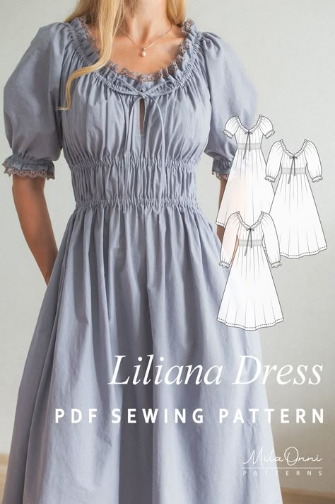 Liliana Dress Pattern: Smocked Dress with Ruffles, Elastic Waist, and Nursing-Friendly Keyhole | MilaOnni sewing patterns Oh Me Oh My Sewing, Elastic Waisted Dress, Dress Patterns Elegant, Nap Dress Pattern, Homemade Dress Patterns, Adjustable Dress Pattern, Elastic Dress Pattern, Quilt Dress Pattern, House Dress Pattern Free