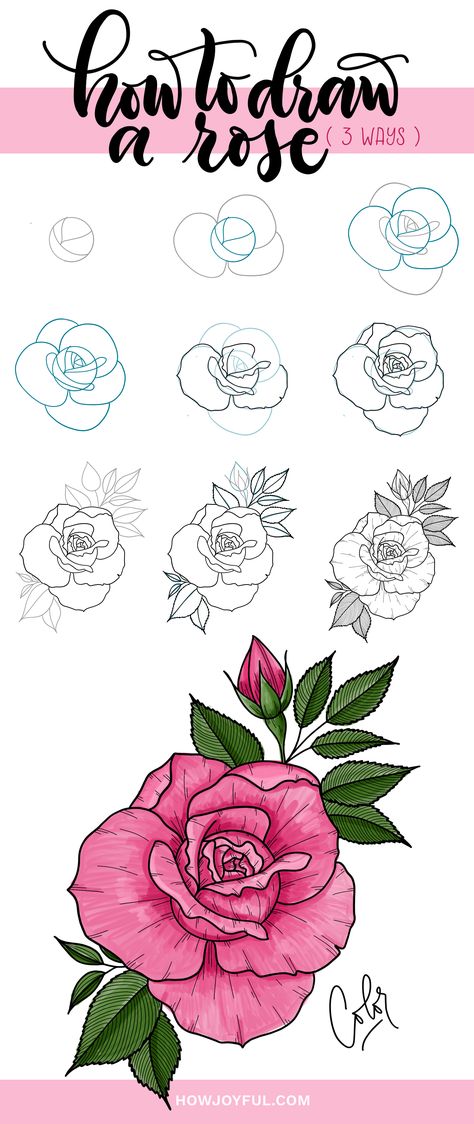 Rose Flower Drawing Step By Step, How Draw Rose, Step By Step Drawing Rose, Rose Cluster Drawing, Step By Step Drawing Of Flowers, Easy Flower Designs To Draw, Rose Drawing Tutorial Step By Step, Rose Shading Drawing, Rose How To Draw