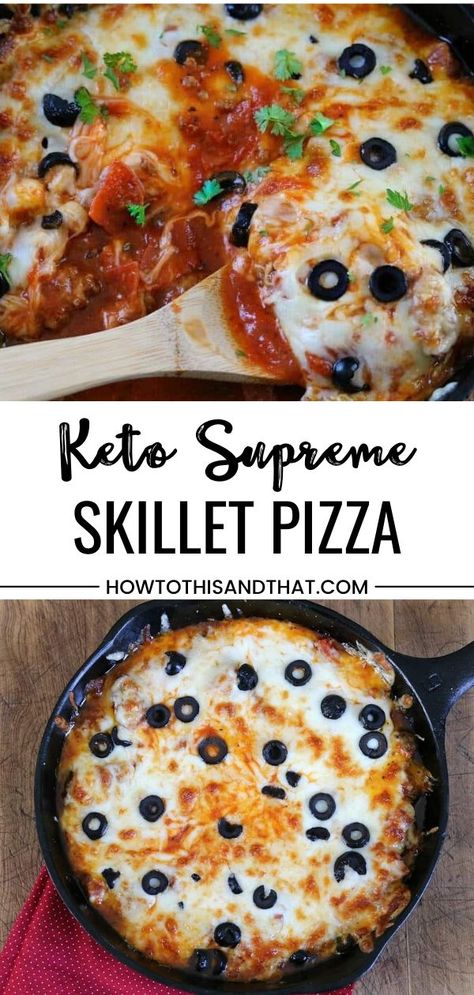 Keto Supreme Skillet Pizza is a fantastic way to get your pizza fix when you aren't in the mood to make low carb crust. THIS recipe is comfort food that we can actually have and not feel guilty about eating. Our keto pizza skillet mimics a supreme pizza simply without the crust. The best part about this pizza skillet is that you can add or omit any ingredient you wish. Keto Cast Iron Pizza, Keto Pizza Skillet, Pizza Skillet Low Carb, Cast Iron Crustless Pizza, Pizza Without Crust, Keto Pizza Bowl, Keto Pizza Dough, Low Carb Skillet, Pizza Skillet