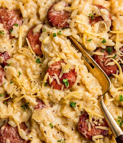 Beer Risotto with Sausage and Gouda - Cherry on my Sundae Smoked Sausage Risotto, Risotto With Meat, Italian Sausage Risotto Recipes, Sausage Risotto Recipes, Italian Sausage Risotto, Sausage And Polenta, Sausage Risotto, Orzo Recipes, Gouda Cheese