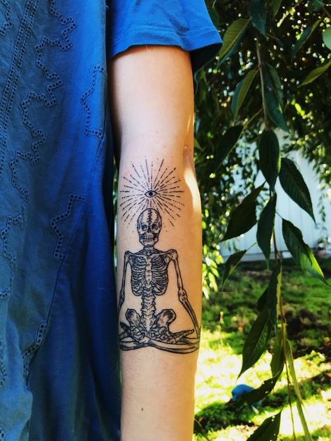 #tattoo #skeletons #meditation Witchy Skeleton Tattoo, Skeleton Buddha Tattoo, Skeleton Meditating Tattoo, Pretty Skeleton Tattoo, Yoga Skeleton Tattoo, Hippie Sleeve Tattoo, Skeleton Forearm Tattoo, Tattoo Ideas Earthy, Skeleton Body Tattoo