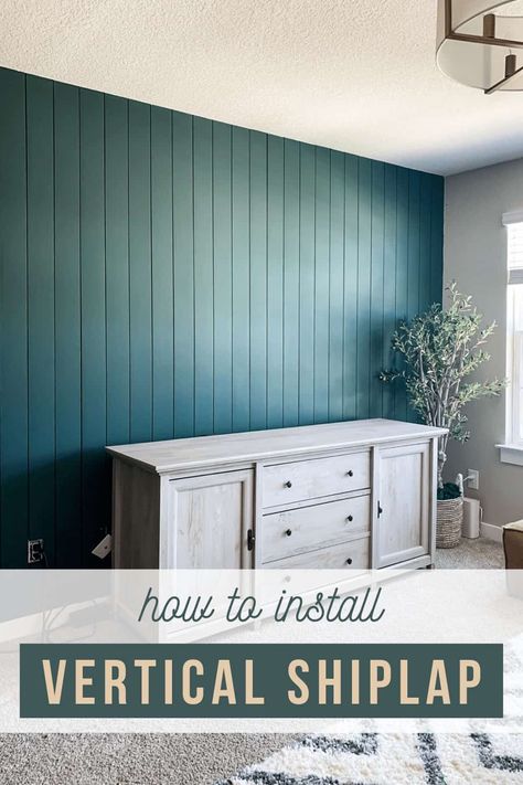 Painted Vertical Shiplap Walls, Diy Shiplap Wall Vertical, Vertical Shiplap Feature Wall, How To Do Vertical Shiplap, Installing Vertical Shiplap, How To Install Vertical Shiplap, How To Vertical Shiplap, How To Do Shiplap Walls, Shiplap Vertical Wall