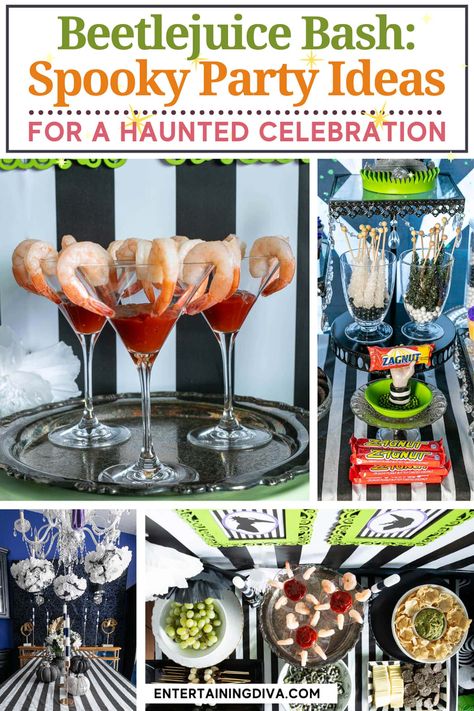 Beetlejuice Bash: Spooky Party Ideas For A Haunted Celebration | Halloween Tim Burton Tea Party, Tim Burton Party Food, Beetlejuice Birthday Party Food, Tim Burton Dinner Party, Beetlejuice Themed Dinner, Tim Burton Themed Party Food, Beetlejuice Food Halloween Party, Beetlejuice Movie Night Food, Beetle Juice Movie Night