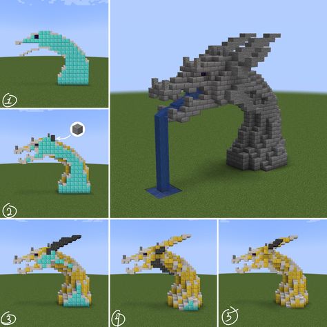 Statues Minecraft, Minecraft Fairy Builds, Minecraft Dragon, Dragon Tutorial, Minecraft Castle Designs, Case Minecraft, Houses Minecraft, Minecraft Statues, Minecraft Decoration