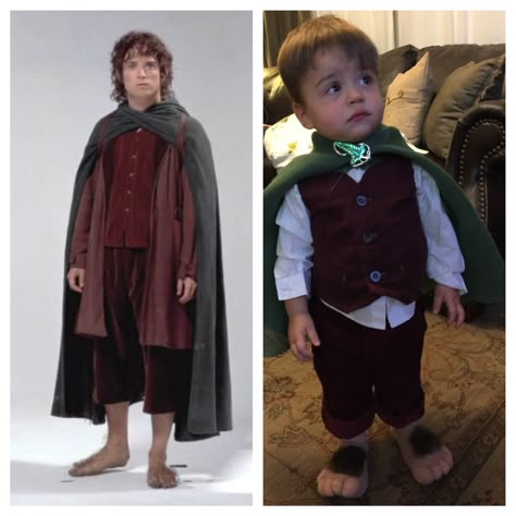 DIY Frodo toddler Halloween costume. Lord of the Rings has never looked cuter!!!! Frodo Costume Diy, Frodo Costume Kids, Toddler Hobbit Costume, Lord Of The Rings Halloween Costumes, Lord Of The Rings Family Costumes, Hobbit Diy, Diy Lord Of The Rings, Lord Of The Rings Costumes, Hobbit Costume