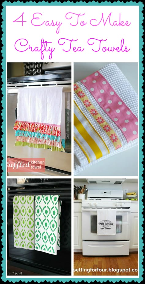 4 easy to make tea towels Dish Towels Diy, Frog Diy, Sew Ideas, Tea Towels Diy, Diy Dish, Market Booth, Sewing Tricks, Diy Towels, Pretty Tea