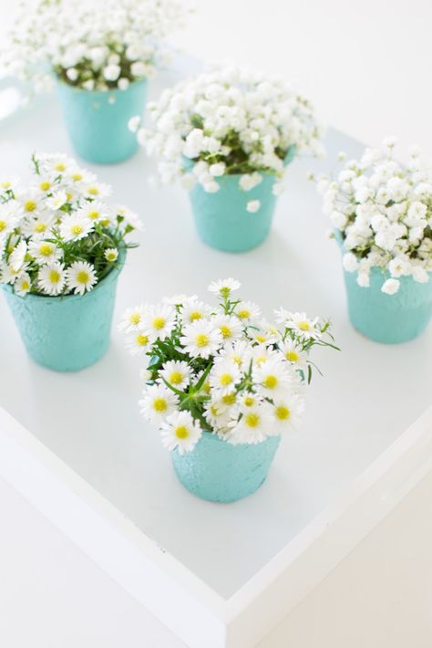 DIY Mini Flower Pots - Party Favor Idea Daisy Arrangements Simple, Daisy Party Favor Ideas, Mini Flower Pot Ideas, Flower Pot Party Favors, Daisy Party Centerpiece, Simple Flower Centerpieces Birthday, Daisy Birthday Party Favors, Mini Flowers Diy, Diy Mini Flowers