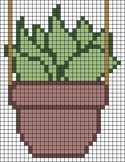 Succulent Pixel Art, Pixel Art Plants, Nature Pixel Art, Pixel Art Nature, Plant Pixel Art, Plant Hanging, Graph Paper Drawings, Fuse Bead Patterns, Art Perle