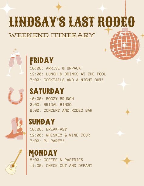 "Kick off your bestie's \"Last Rodeo\" with this fully customizable itinerary! Use this template to outline your groups country weekend featuring the cutest designs to bring the theme to life. Can be adapted for birthday parties etc.  You will receive a digital file with a link to a fully customizable Canva template, exactly as pictured in the listing. Enjoy!  Keywords: Bachelorette Party, Last Rodeo, Itinerary, Nashville, Austin, Rodeo, County Music, Disco, Cowboy" Last Rodeo Itinerary, Bachelorette Weekend Nashville, Neutral Last Rodeo Bachelorette, Austin Bachelorette Itinerary, Bachelorette Party Themes Last Rodeo, Nashville Weekend Itinerary, Last Rodeo Bachelorette Party Invite, Getting Rowdy Bachelorette, Last Rodeo Bachelorette Party Games