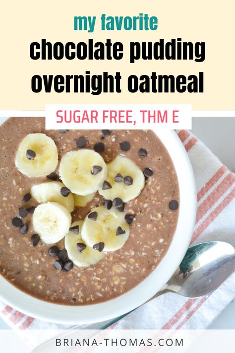 This easy overnight oatmeal tastes like chocolate pudding and will keep you full until lunch! Great for kids. THM E, sugar free, low fat. Gluten free, egg free, dairy free, and nut free options. Thm S Breakfast Easy, Thm Lunch, Easy Overnight Oatmeal, Thm E, Briana Thomas, Thm Breakfast, Trim Healthy Recipes, Trim Healthy Mama Recipes, Mama Recipe