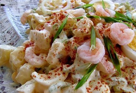 Shrimp Potato Salad Potato Salad Southern, Salad Photo, Salad With Shrimp, Bbq Recipe, Potato Salad Recipe, Shrimp Salad, Potatoe Salad Recipe, Seafood Dishes, Bbq Recipes