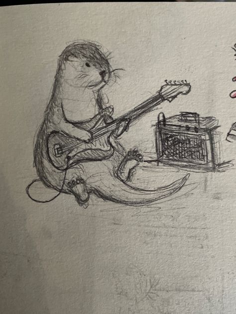 Doodle Animals Cute, Cute Animal Drawings Pencil, Cat Drawing Sketches Easy, Calming Sketches, Rough Sketches Doodles, Guitar Aesthetic Drawing, Guitar Drawing Aesthetic, Otter Drawing Sketches, Guitar Drawing Reference