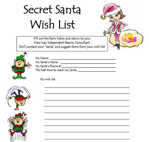 Wish list Secret Santa Templates, Secret Santa List, Wish List Printable, Mary Kay Printables, Mary Kay Christmas, Mary Kay Holiday, Santa Wish List, Mary Kay Gifts, Selling Mary Kay