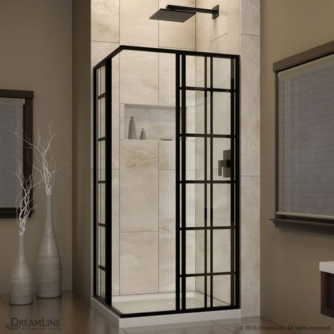 French Corner Sliding Shower Enclosure - Dreamline Dreamline French Corner, Modern Industrial Bathroom, Dreamline Shower, Master Baths, Square Shower Enclosures, Corner Shower Enclosures, Frameless Shower Enclosures, Luxury Bathrooms, Sliding Shower Door