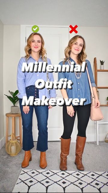 Millenial Outfit Makeover, Millennial Makeover Fashion, Millenial Makeover, Chambray Shirt Outfit Fall, Update Millenial Outfits, Millennial Outfit Makeover, Updating Millennial Outfits, Chambray Shirt Outfit For Work, Millenial Outfit Ideas