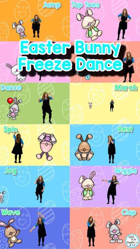 Easter Pe Activities, Bunny Movement Activities, Easter Music And Movement Preschool, Easter Music And Movement, Spring Movement Cards Free, Run Rabbit Run Song, Movement Preschool, Bunny Dance, Bunny Friends